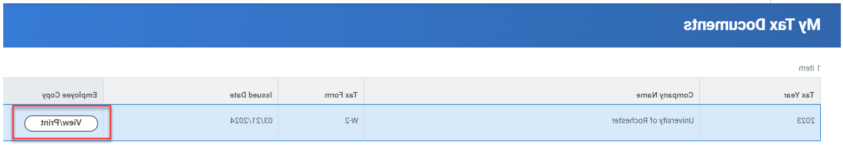 myURHR Tax Documents page highlighting 'View/Print' button. 