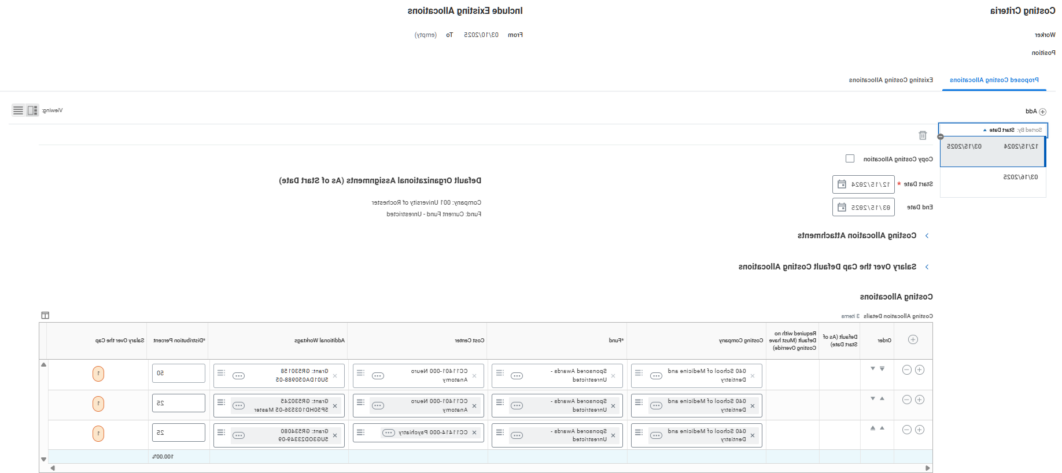 This image displays the task page in myURHR Workday for assigning costing allocations. Allocation periods are now shown as separate selectable cards on the left for easier sorting.