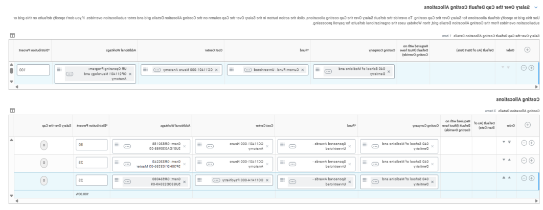 This image depicts Salary Over the Cap costing allocations in myURHR Workday when using the new default option instead of salary over the cap overrides on each individual grant. The buttons in the Salary Over the Cap column show zeros to indicate that a specific override has not been supplied for any of the three grants shown. All will use the default.